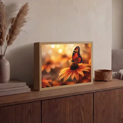 Vlinder - Bloemen - Oranje Light Box met batterij (Wandlamp) middel -sfeer2