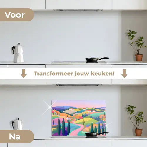 Landschap - Paars - Pastel - Huizen keuken achterwand spatscherm klein -voor_na_NL