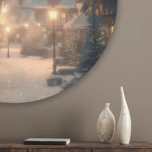 Winterdorp - Sneeuw - Donker Akoestische PET Vilt - Rond klein -sfeer5_closeup
