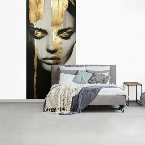 Ogen - Gezicht - Goud - Strepen fotobehang vinyl groot -slaapkamer