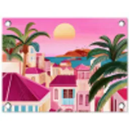 Stad - Roze - Palmbomen tuinposter los doek klein -3d