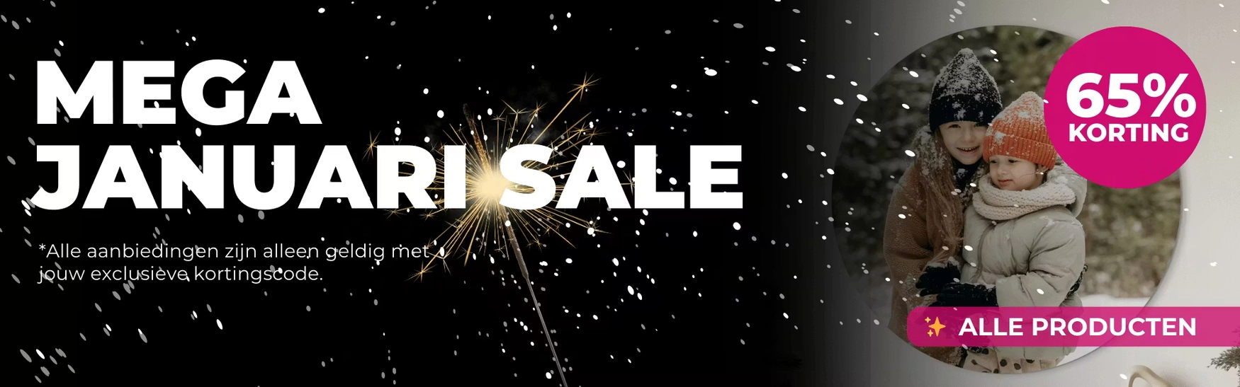 Banner met de tekst: Mega Januari Sale met ernaast een ronde foto van kinderen in de sneeuw