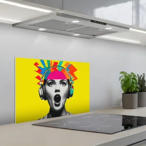 Vrouw - Koptelefoon - Geel keuken achterwand spatscherm klein -3d_schuin