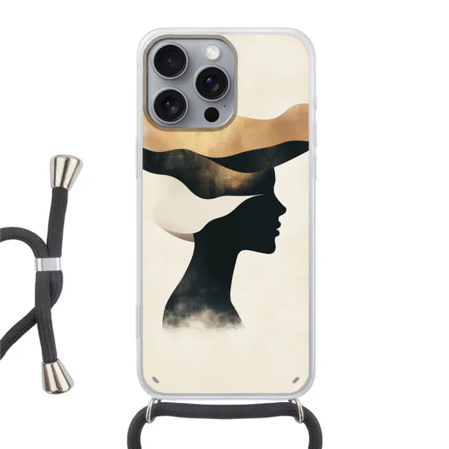 Telefoonhoesje met koord - Vrouw - Golven - Zwart