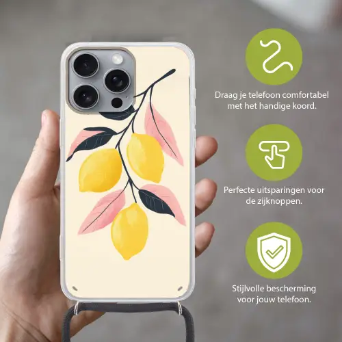 Citroenen - Felgeel - Tak - Bladeren Hoesje iPhone 16 Pro Max met koord klein -sfeer2_NL