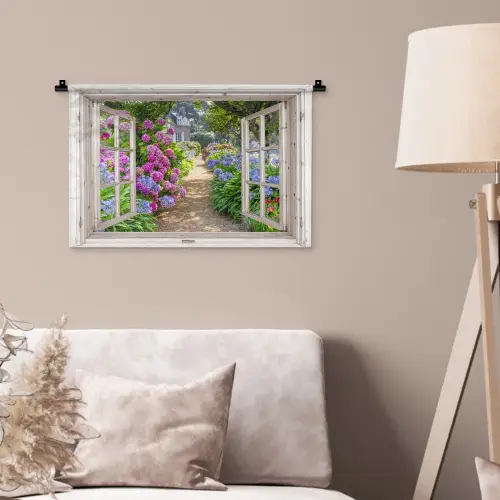Hortensia - Doorkijk - Bloemen - Zomer - Paars - Pad Wandkleed katoen klein -sfeer4