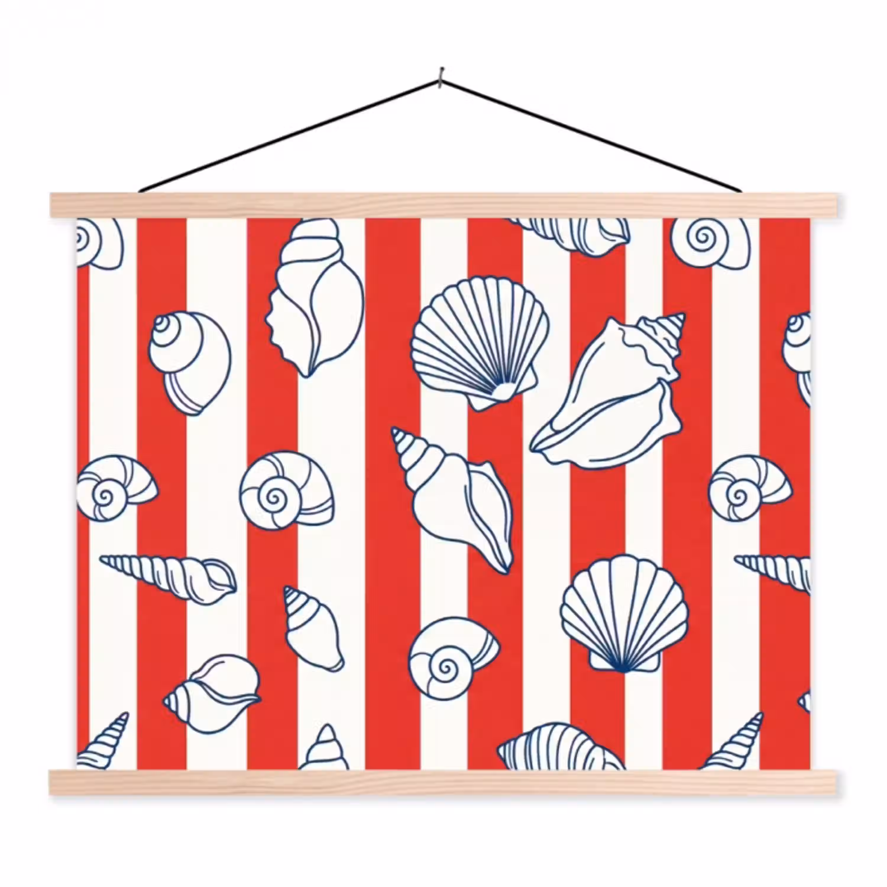 Schelp - Zeedieren - Zomer - Illustratie - Rood - Blauw textielposter latten blank klein -3d