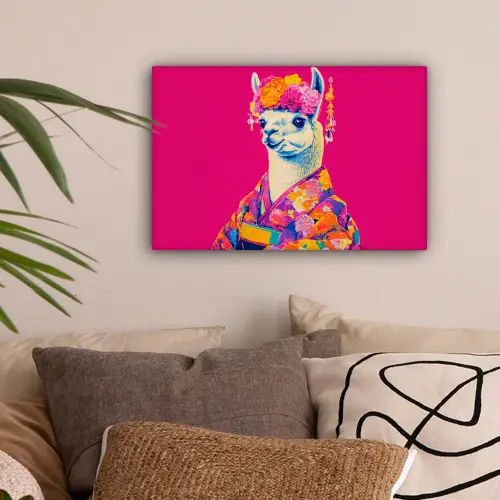 Lama - Kimono - Bloemenkrans - Felroze canvas 2cm klein -sfeer1