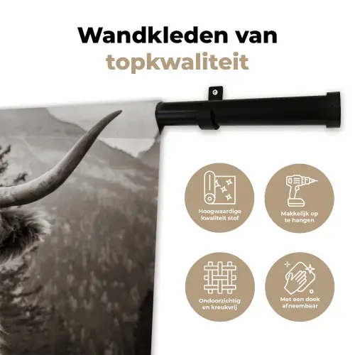 Schotse hooglander - Koe - Dieren - Zwart - Wit Wandkleed katoen klein -sfeer2