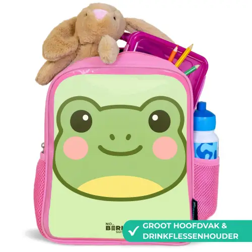 Kawai - Kikker - Groen Kinderrugzak - Roze middel -inhoud_NL