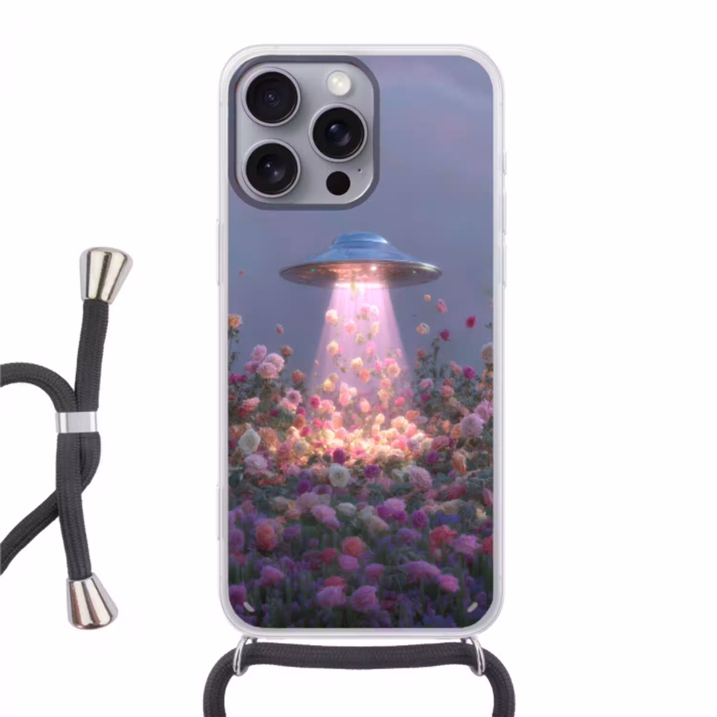 Ufo - Rozen - Pastelkleuren Hoesje iPhone 16 Pro Max met koord klein -3d