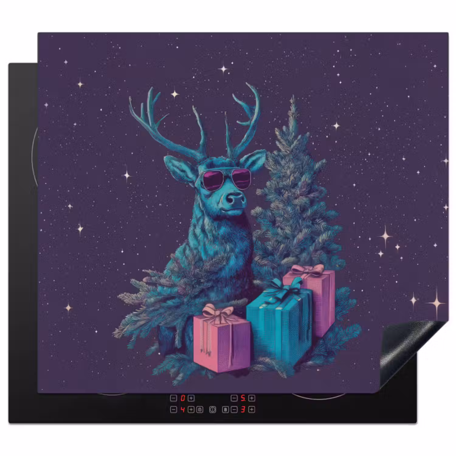 Inductie beschermer - Rendier - Zonnebril - Neon - Kerstboom