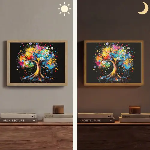 Boom - Kleurrijk - Bloemen - Zwart Light Box met batterij (Wandlamp) middel -sfeer3