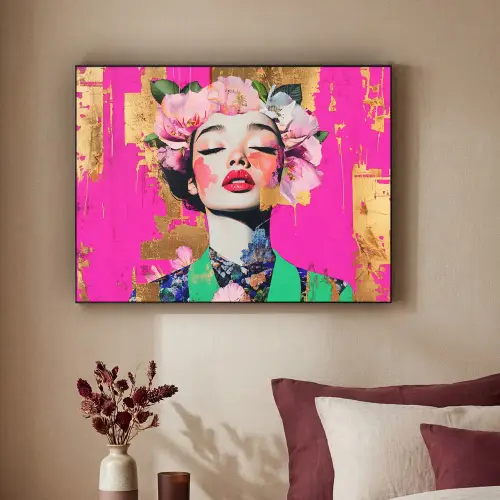 Bloemenkroon - Goud - Vrouw - Portret Textielframe - compleet frame klein -sfeer1