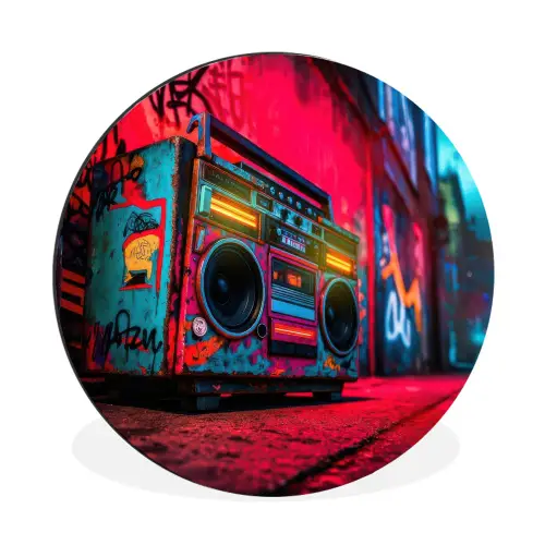 Boombox - Rood - Graffiti - Neon Wandcirkel aluminium klein -3d