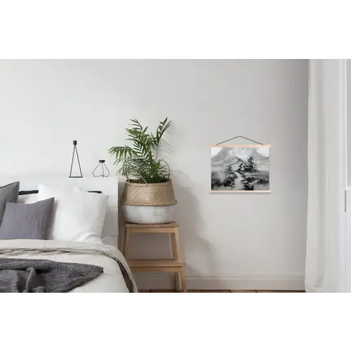 Hut - Grijs - Bergen - Mistig textielposter latten blank klein -woonkamer