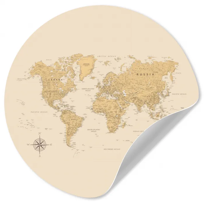 Wereldkaart - Realistisch - Beige Wandcirkel behangsticker klein -3d