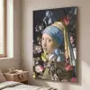 Meisje met de parel - Johannes Vermeer - Bloemen Textielframe zilver middel -sfeer3