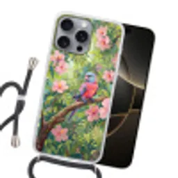 Papagaai - Hibiscusbloemen - Kleurrijk Hoesje iPhone 16 Pro Max met koord klein -sfeer1