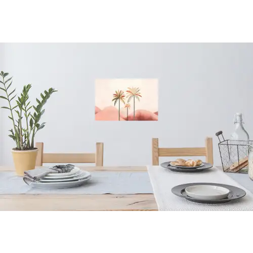 Palmbomen - Heuvels - Minimalistisch - Zachtroze Muursticker klein -eettafel