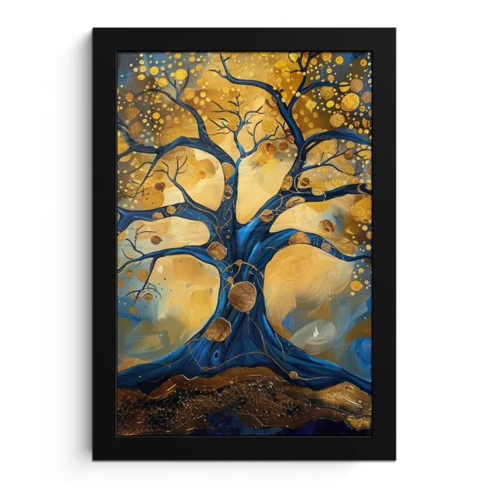 Boom - Levensboom - Blauw - Goud fotolijst zwart zonder passe partout klein -3d