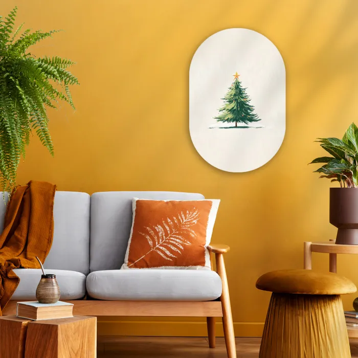 Kerstboom - Illustratie - Ster - Sneeuw Wandcirkel Ovaal Forex klein -sfeer4