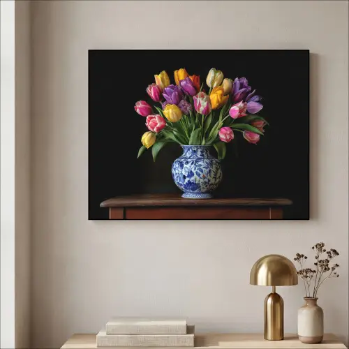 Tulpen - Kleuren - Hout - Vaas Textielframe - compleet frame klein -sfeer2