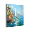 Zeilboot - Rotsen - Kust - Huizen aluminium wit klein -3d