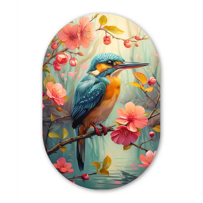 IJsvogel - Bloesem - Natuur - Vogels - Bloemen Wandcirkel Ovaal Forex klein -3d