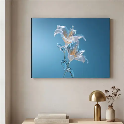 Lelies - Blauw - Glazen Textielframe - compleet frame klein -sfeer2