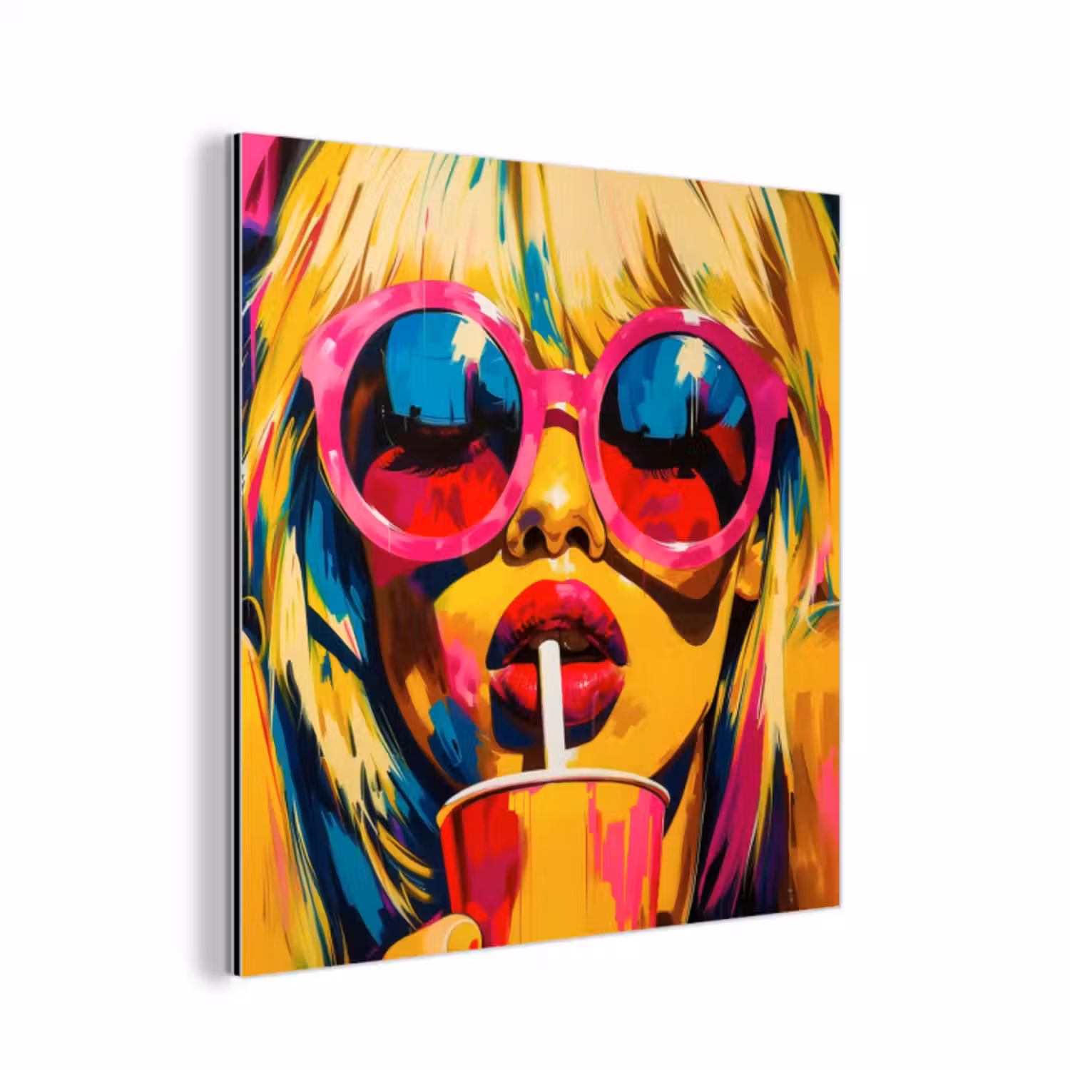Aluminium schilderij - Zonnebril - Roze - Vrouw - Rietje