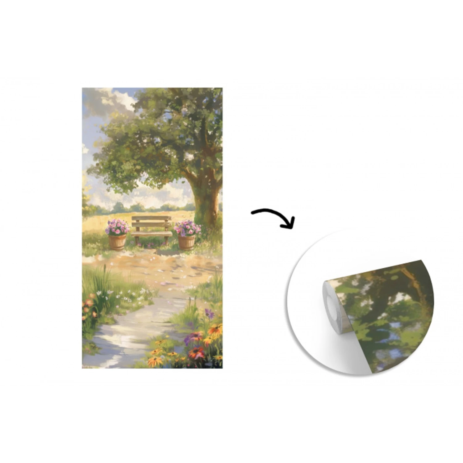 Houten bankje - Bloempotten - Landschap fotobehang vinyl groot -3d