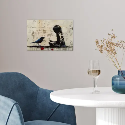 Street art - Meisje - Vogel - Graffiti - Banksy poster papier klein -sfeer3