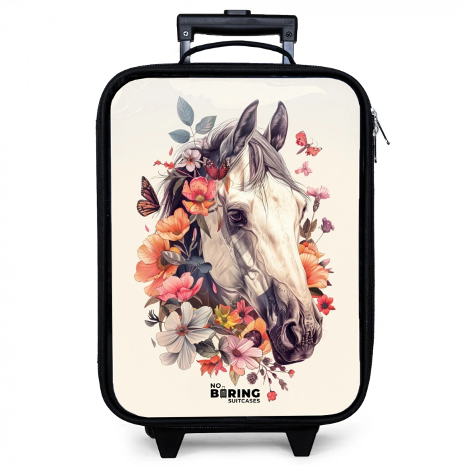 Wit paardenhoofd omringd door bloemen en vlinders Kinderkoffer - Zwart klein -zzz_website3d