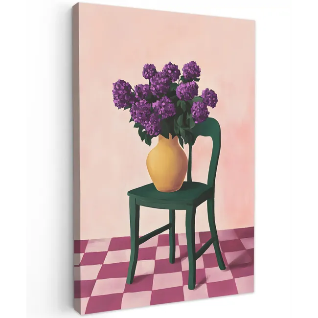 Stoel - Vaas - Bloemen - Geblokt Tuinposter op houten frame 2 cm dik klein -3d