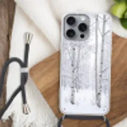 Berkenbomen - Sneeuw - Winter - Bos - Wit Hoesje iPhone 16 Pro Max met koord klein -sfeer4