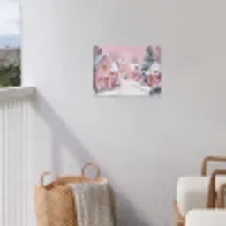 Kerstdorp - Roze - Winter - Sneeuw - Huizen tuinposter los doek klein -sfeer8