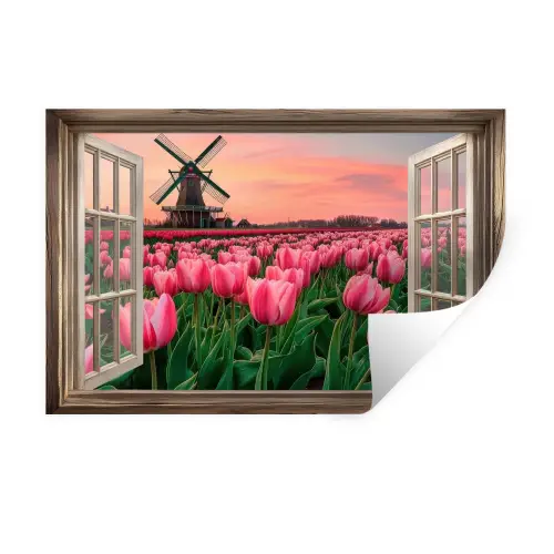 Doorkijk - Tulpen - Bloemen - Molen - Raam Muursticker klein -3d