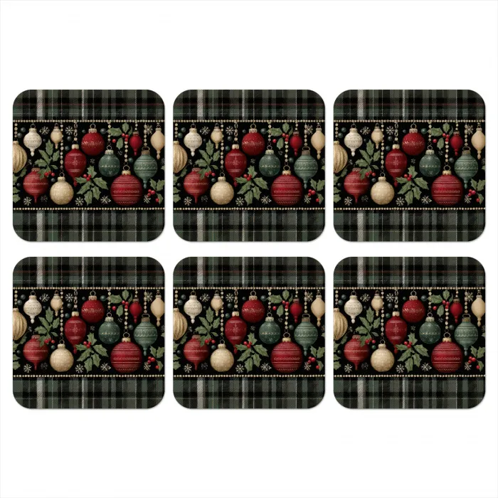 Kerstballen - Rood - Hulsttakken - Patroon onderzetter kurk middel -3d