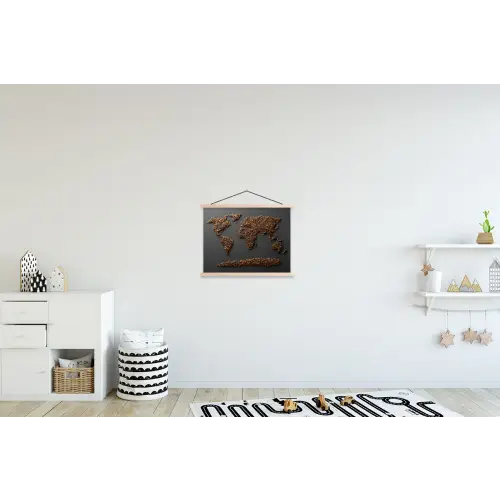 Wereldkaart - Koffie - Grijs textielposter latten blank klein -kinderkamer