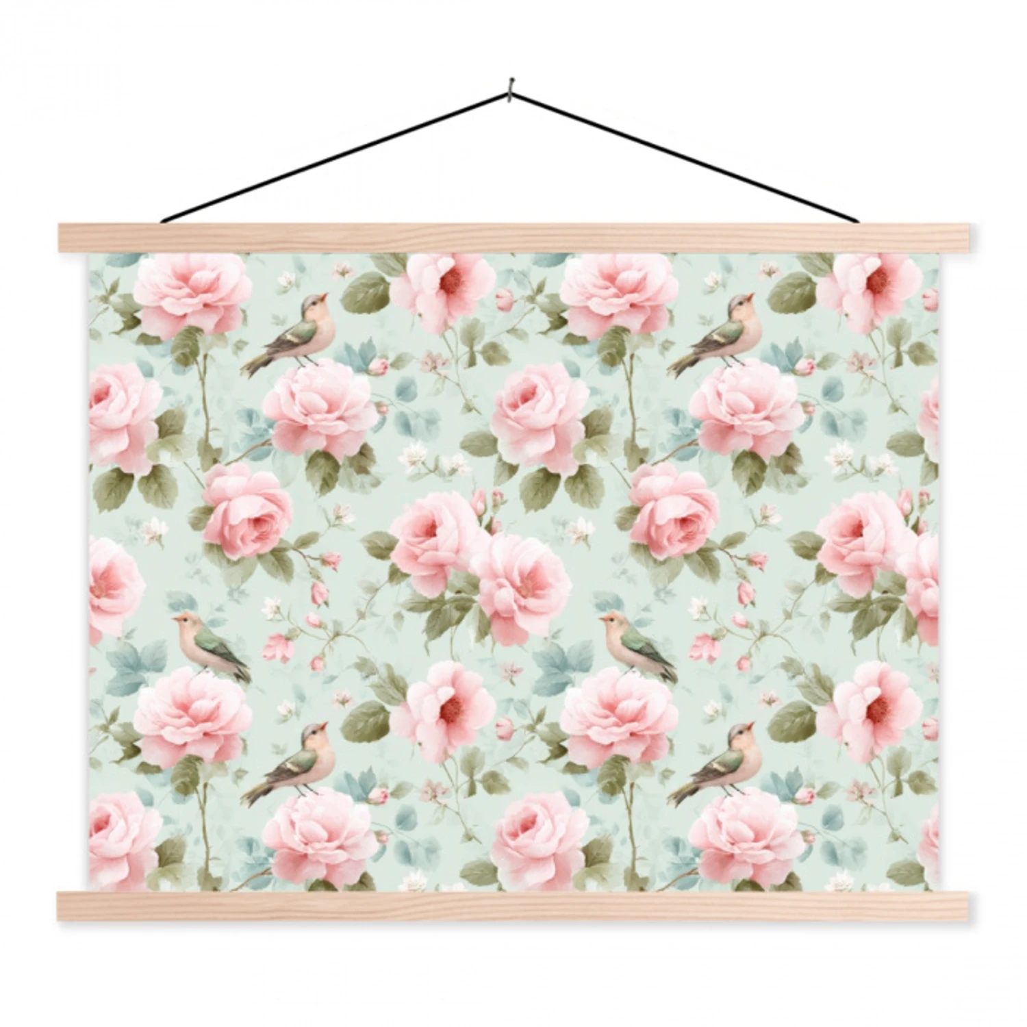 Rozen - Vogels - Pastel - Kleurrijk textielposter latten blank klein 122 -3d