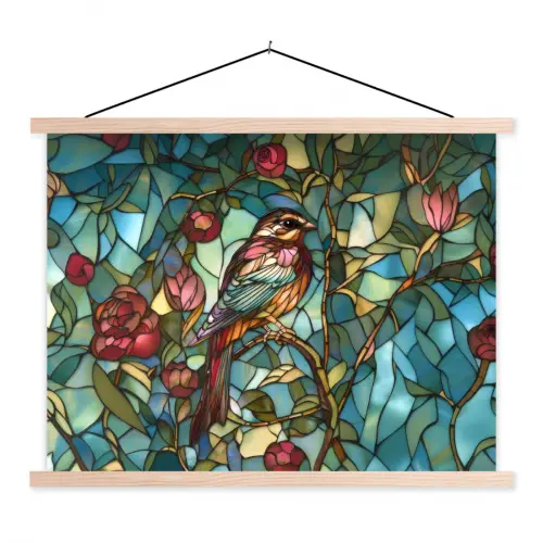 Vogel - Tak - Rozen - Mozaïek textielposter latten blank klein -3d
