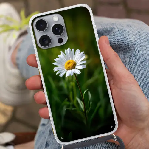 Wit - Madeliefje - Bloem - Gras Hoesje iPhone 16 Pro Max met koord klein -sfeer3