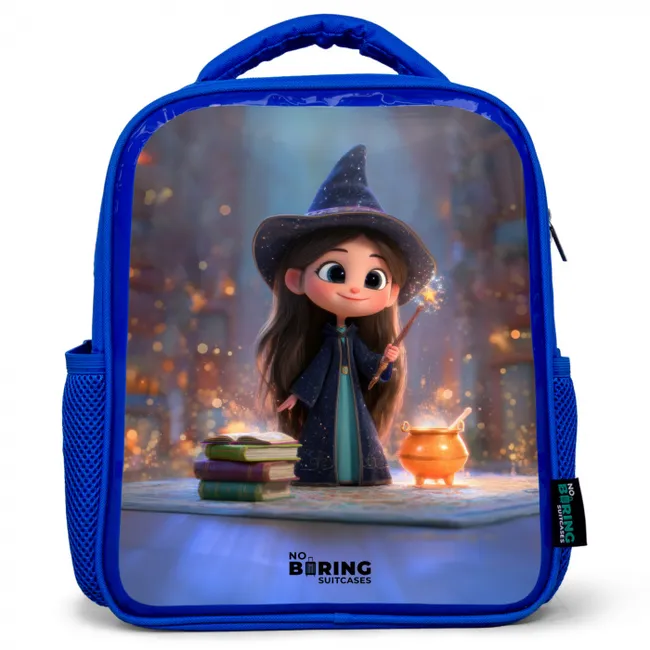 Kleine tovernares in bibliotheek Kinderrugzak - Blauw middel -3d