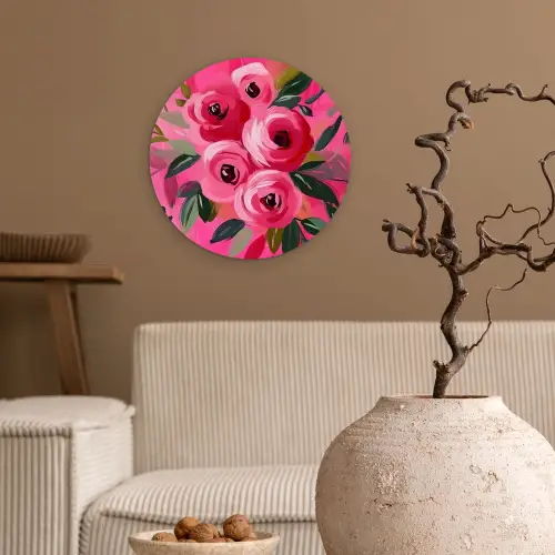 Bloemen - Verf - Roze Wandcirkel plexiglas klein -sfeer1