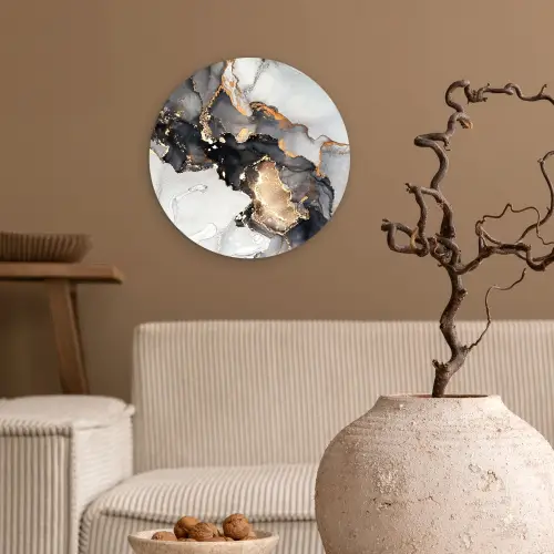 Marmer - Goud - Abstract - Zwart Wit - Luxe Wandcirkel kunststof plaat 5mm dik klein -sfeer1