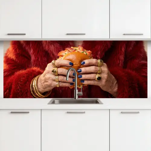 Broodje - Bontjas - Goud keuken achterwand 2 middel -3d