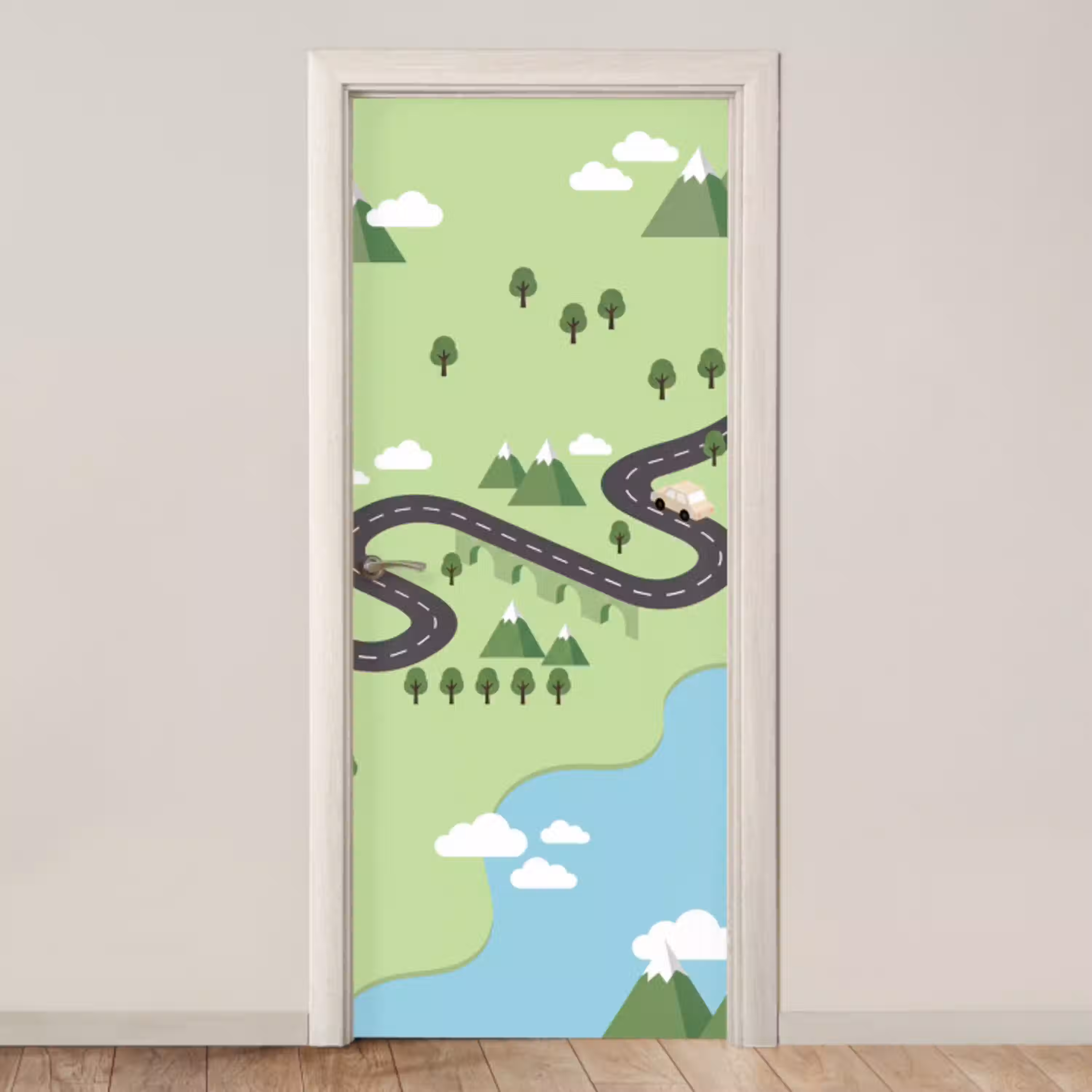 Auto - Bergweg - Natuur - Illustratie deurposter klein -3d_beige