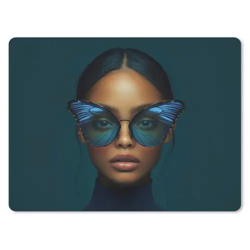 Vrouw - Vlinder - Bril - Blauw - Modern - Portret muismat rubber klein -3d