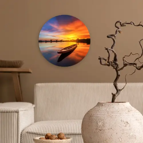 Boot - Water - Zonsondergang - Oranje - Water Wandcirkel kunststof plaat 5mm dik klein -sfeer1